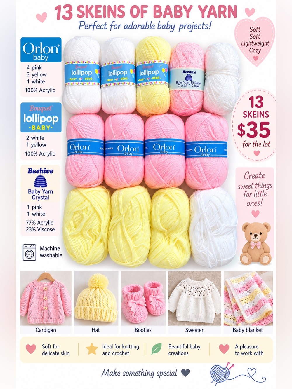 🧶 Lot of 13 Skeins of Baby Yarn